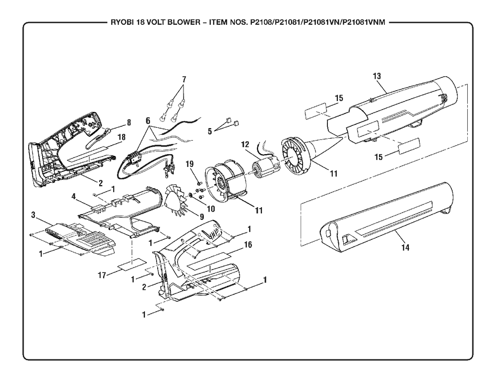 General Assembly Diagram and Parts List for P 2108 (Rev 05)(107267001)(2019-04) Ryobi Leaf Blower / Vacuum