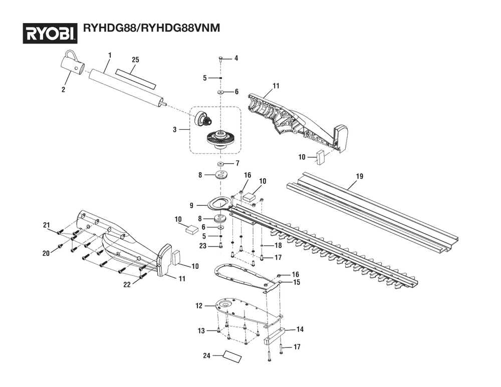 General Assembly Diagram and Parts List for RY HDG88 (Rev 04)(090113012)(2021-08) Ryobi Trimmer