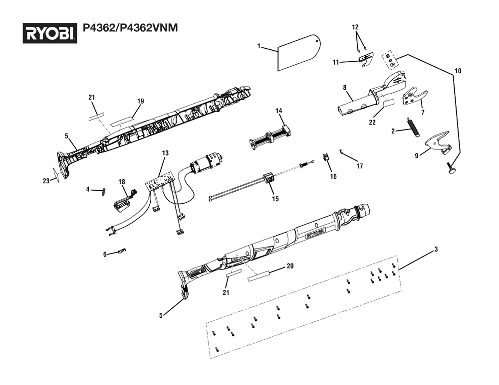 General Assembly Diagram and Parts List for P 4362 (Rev 03)(107444001)(2022-01) Ryobi Miscellaneous