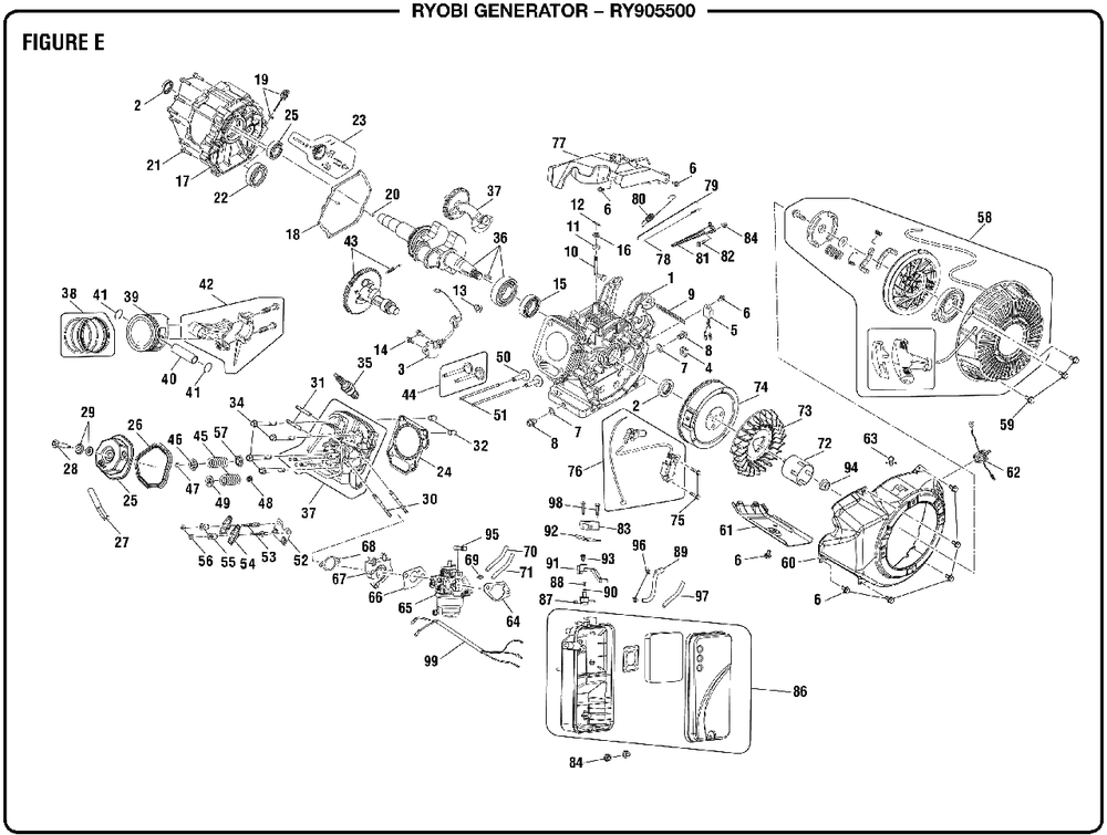 Figure E Diagram and Parts List for RY 905500 (Rev 04)(090930347)(2019-02) Ryobi Generator