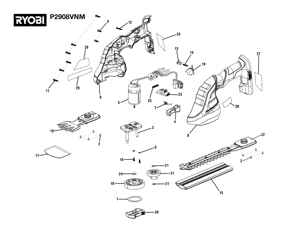 General Assembly Diagram and Parts List for P 2908 VNM (Rev 02)(108712001)(2021-11) Ryobi Hedge Trimmer