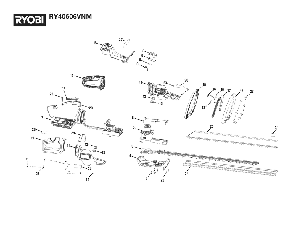 General Assembly Diagram and Parts List for RY 40606 VNM (Rev 01)(108795001)(2022-04) Ryobi Hedge Trimmer