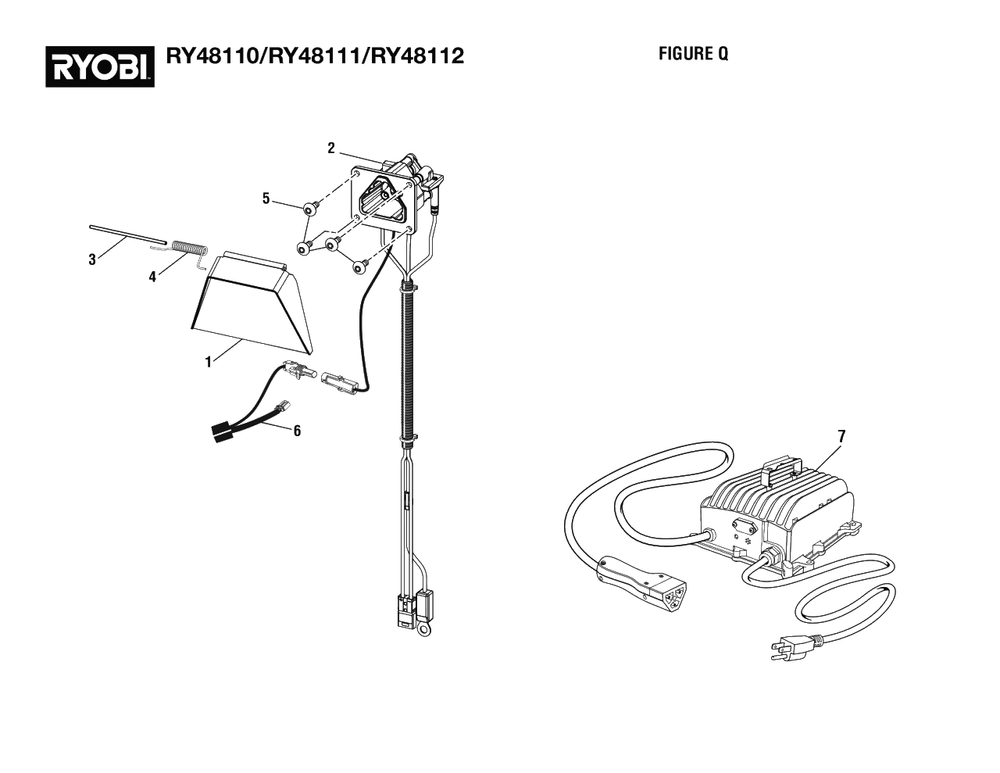 Figure Q - Charger Port Assembly Diagram and Parts List for RY 48110 (Rev 05)(099749001)(2021-05) Ryobi Lawn Tractor