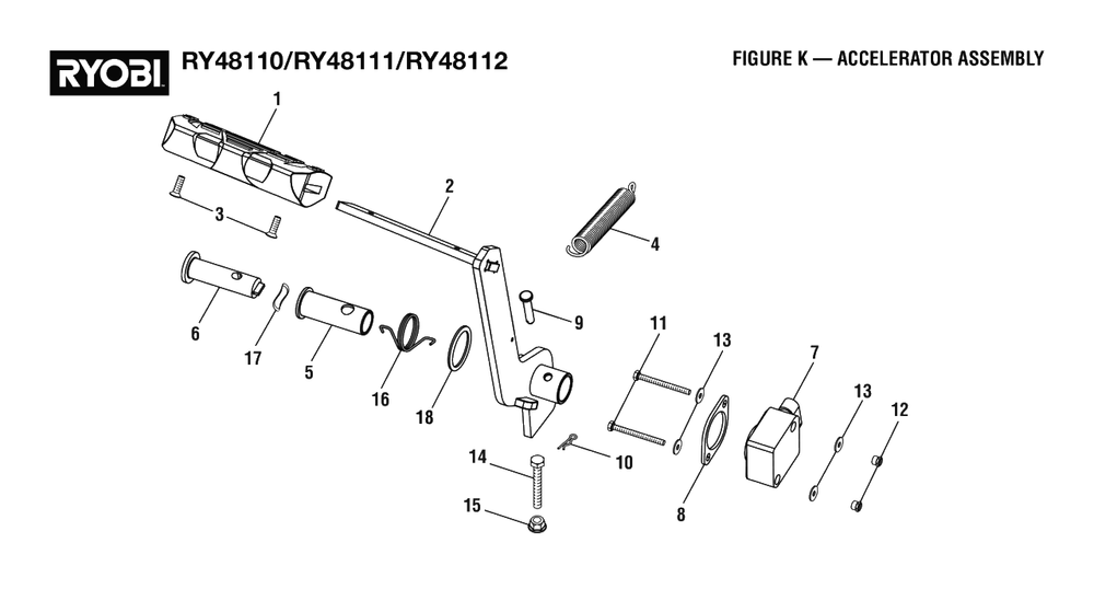 Figure K - Accelerator Assembly Diagram and Parts List for RY 48111 (Rev 02)(099749010)(2021-05) Ryobi Lawn Tractor