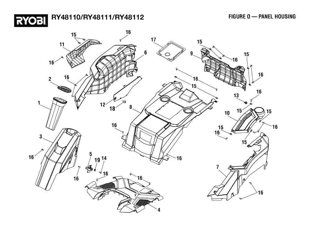 Figure O - Panel Housing Diagram and Parts List for RY 48111 (Rev 02)(099749010)(2021-05) Ryobi Lawn Tractor