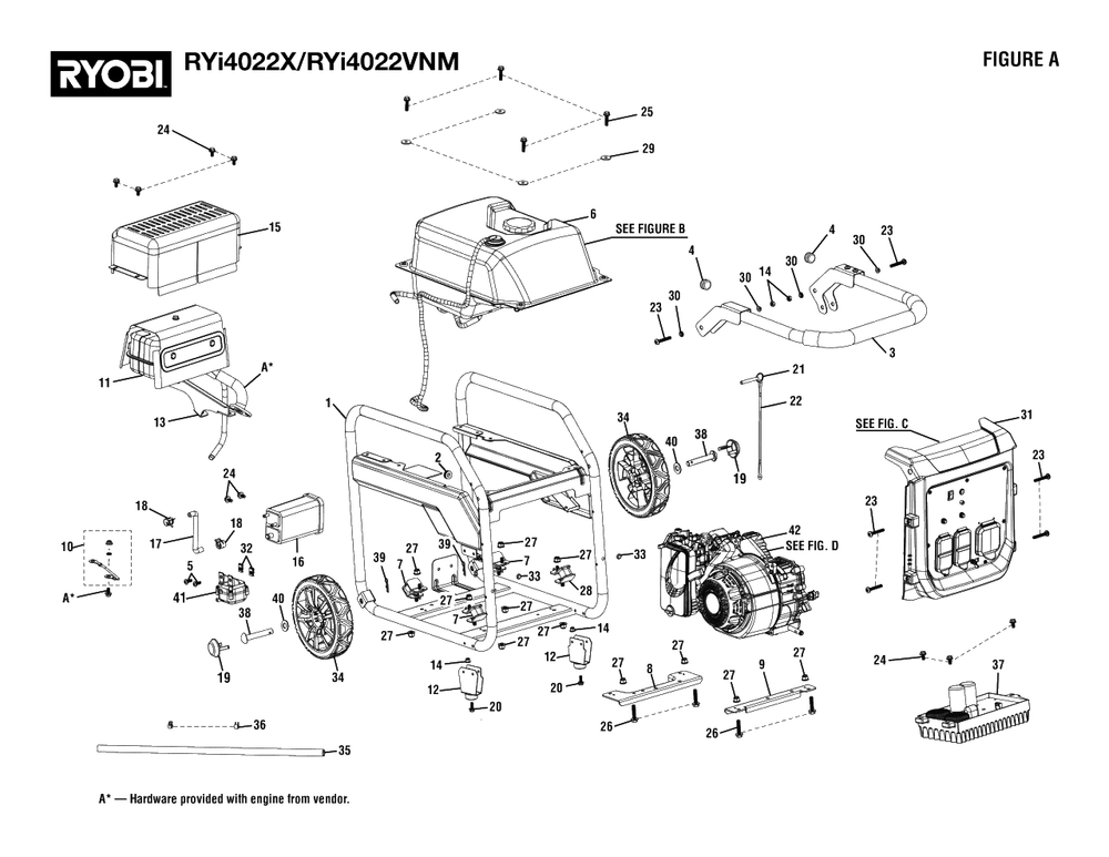 Figure A Diagram and Parts List for RY I4022 X (Rev 02)(099930627)(2022-02) Ryobi Generator