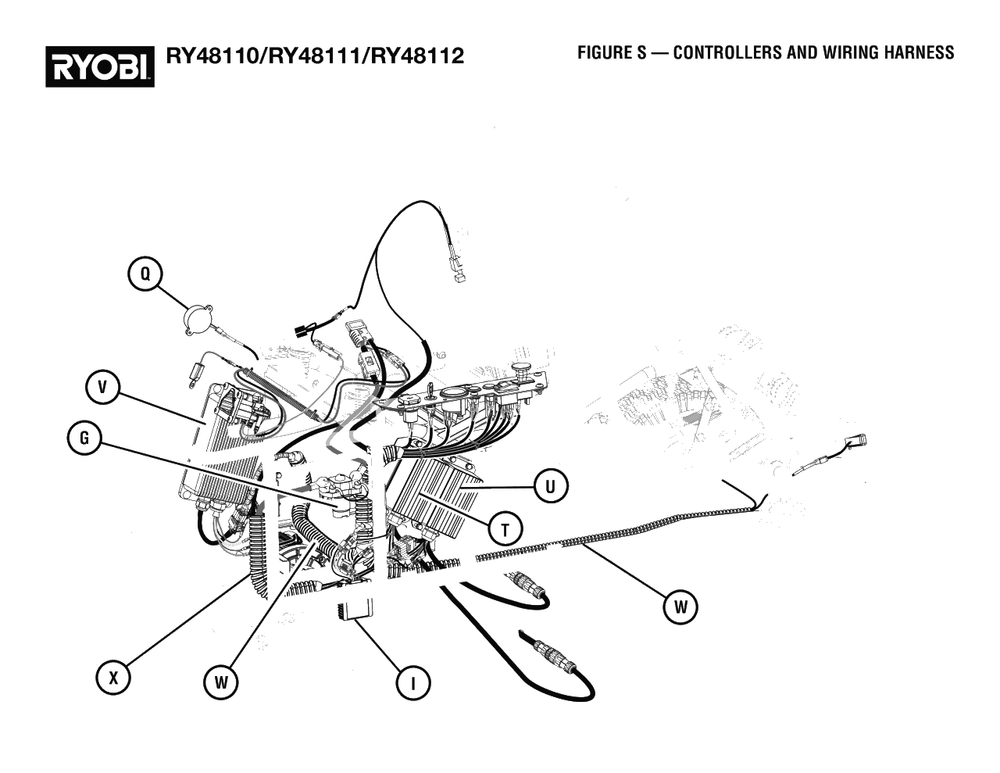 Figure S - Controllers And Wiring Harness Diagram and Parts List for RY 48111 (Rev 02)(099749010)(2021-05) Ryobi Lawn Tractor