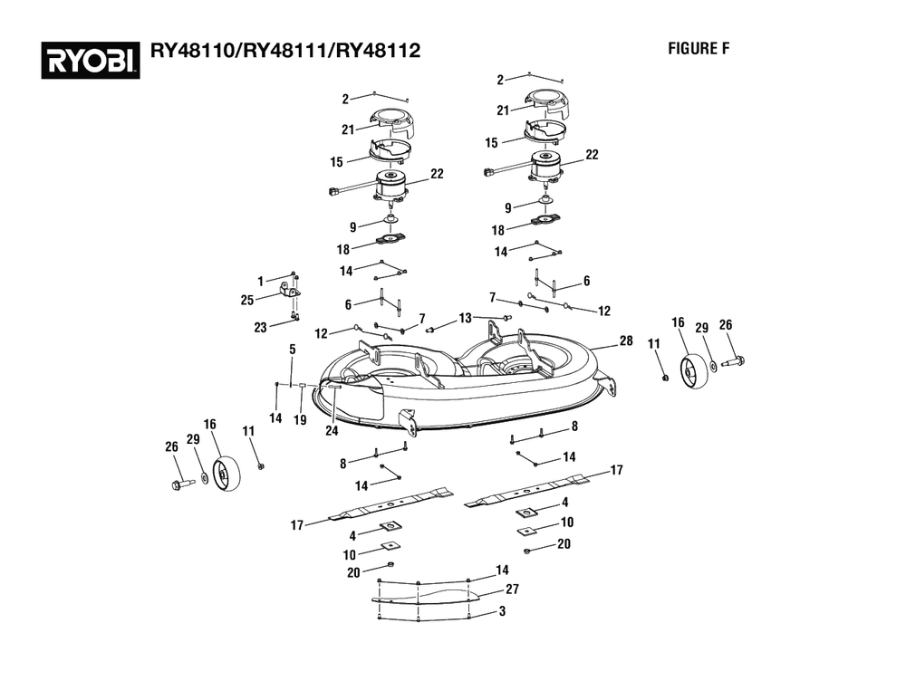 Figure F - Deck Assembly Diagram and Parts List for RY 48110 (Rev 05)(099749001)(2021-05) Ryobi Lawn Tractor