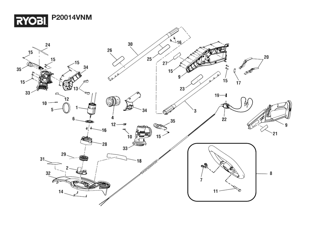 General Assembly Diagram and Parts List for P 20014 VNM (Rev 04)(108655001)(2022-02) Ryobi Trimmer
