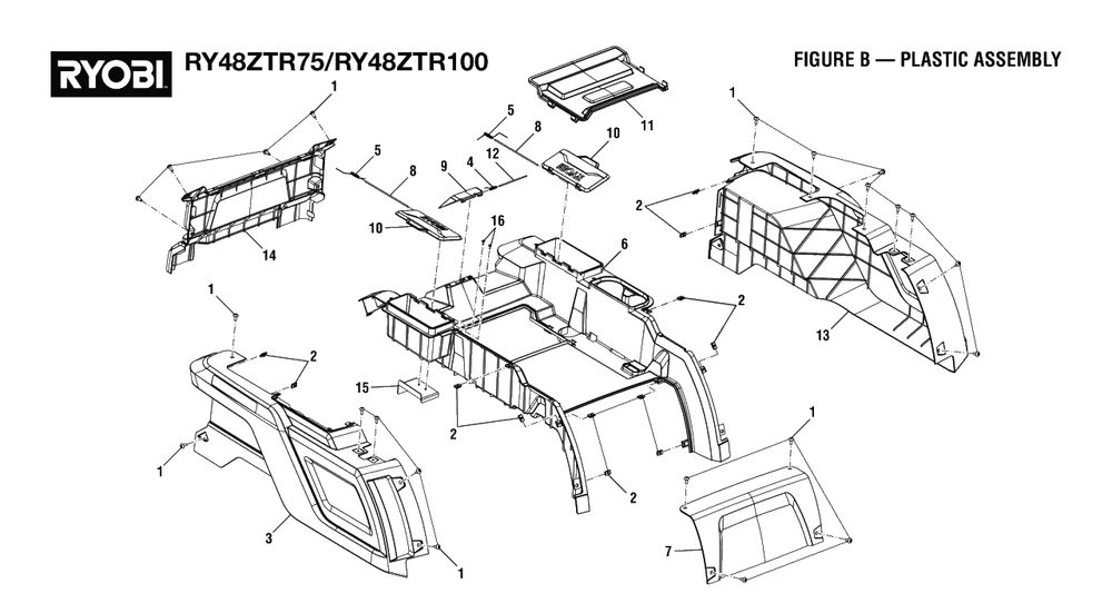 Figure B - Plastic Assembly Diagram and Parts List for RY 48ZTR75 (Rev 03)(099749015)(2021-04) Ryobi Lawn Tractor