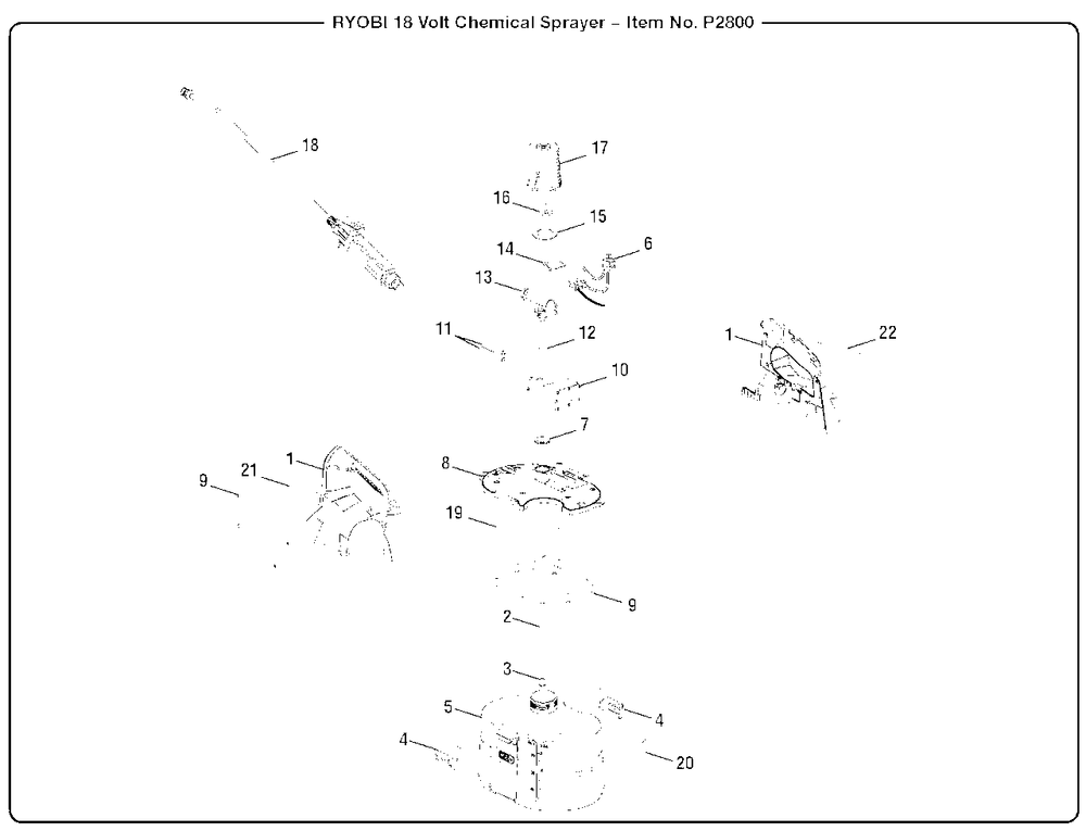 General Assembly Diagram and Parts List for P 2800 (Rev 03)(107270001)(2018-03) Ryobi Sprayer