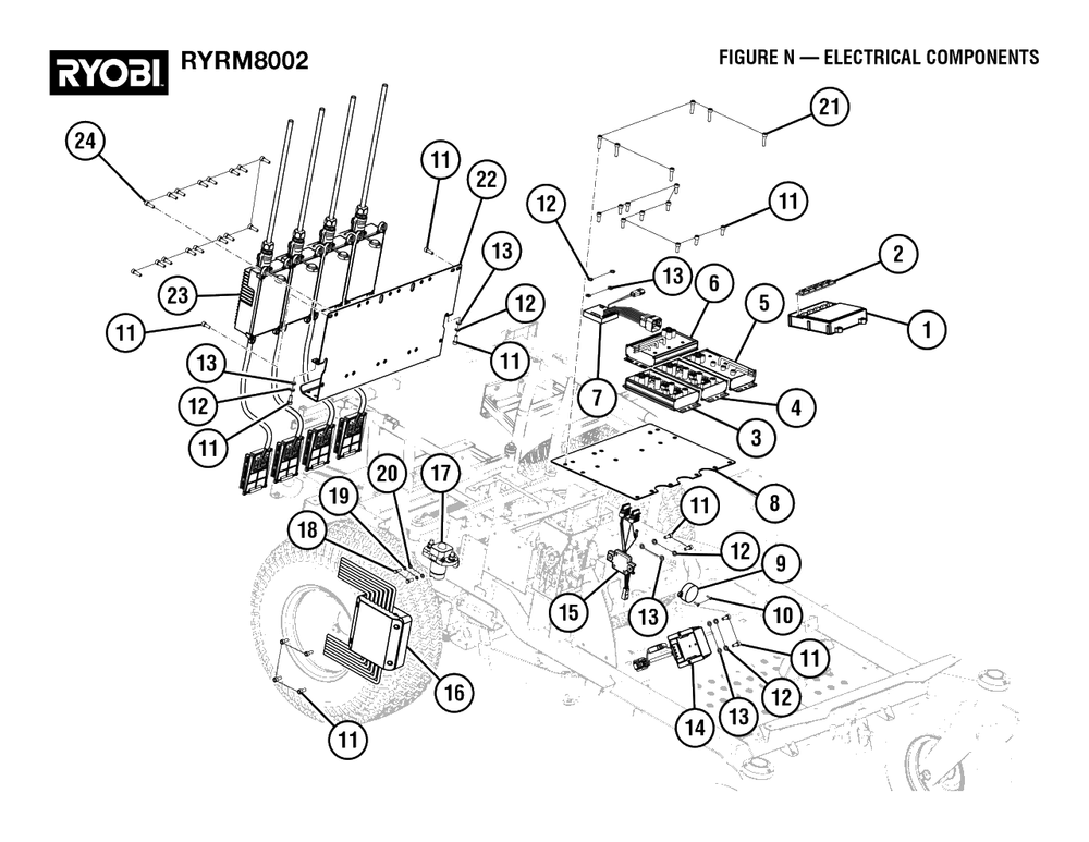 Figure N - Electrical Components Diagram and Parts List for RY RM8002 (Rev 01)(099262002)(2022-08) Ryobi Lawn Tractor