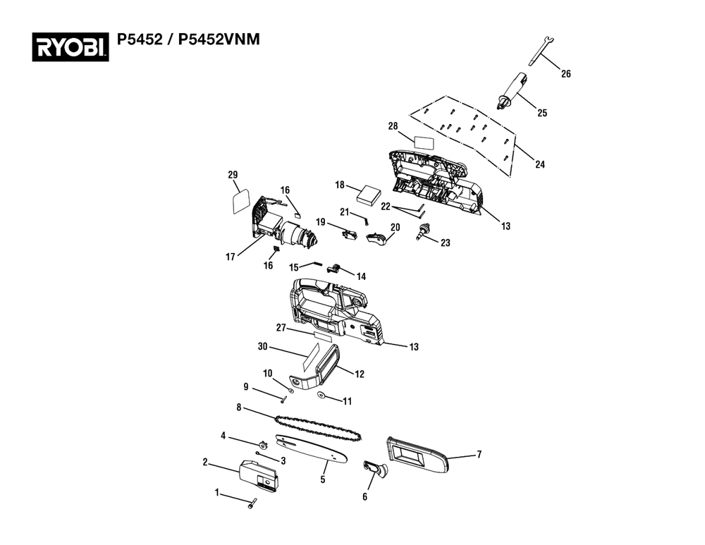 General Assembly Diagram and Parts List for P 5452 VNM (Rev 03)(107548101)(2022-11) Ryobi Chainsaw