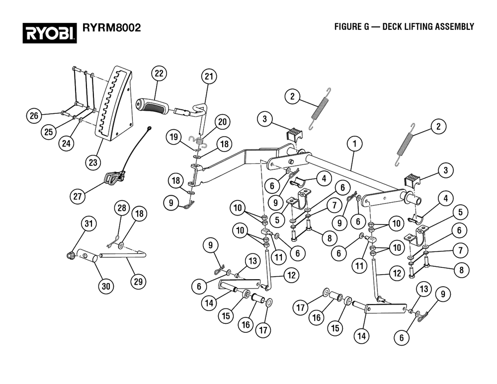 Figure G - Deck Lifting Assembly Diagram and Parts List for RY RM8002 (Rev 01)(099262002)(2022-08) Ryobi Lawn Tractor