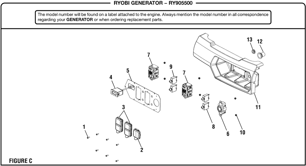 Figure C Diagram and Parts List for RY 905500 (Rev 04)(090930347)(2019-02) Ryobi Generator