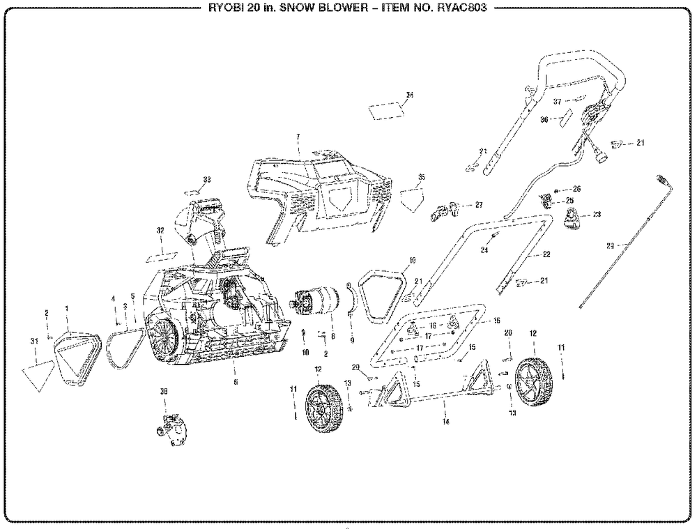 General Assembly Diagram and Parts List for RY AC803 (Rev 02)(099871001)(2018-06) Ryobi Leaf Blower / Vacuum