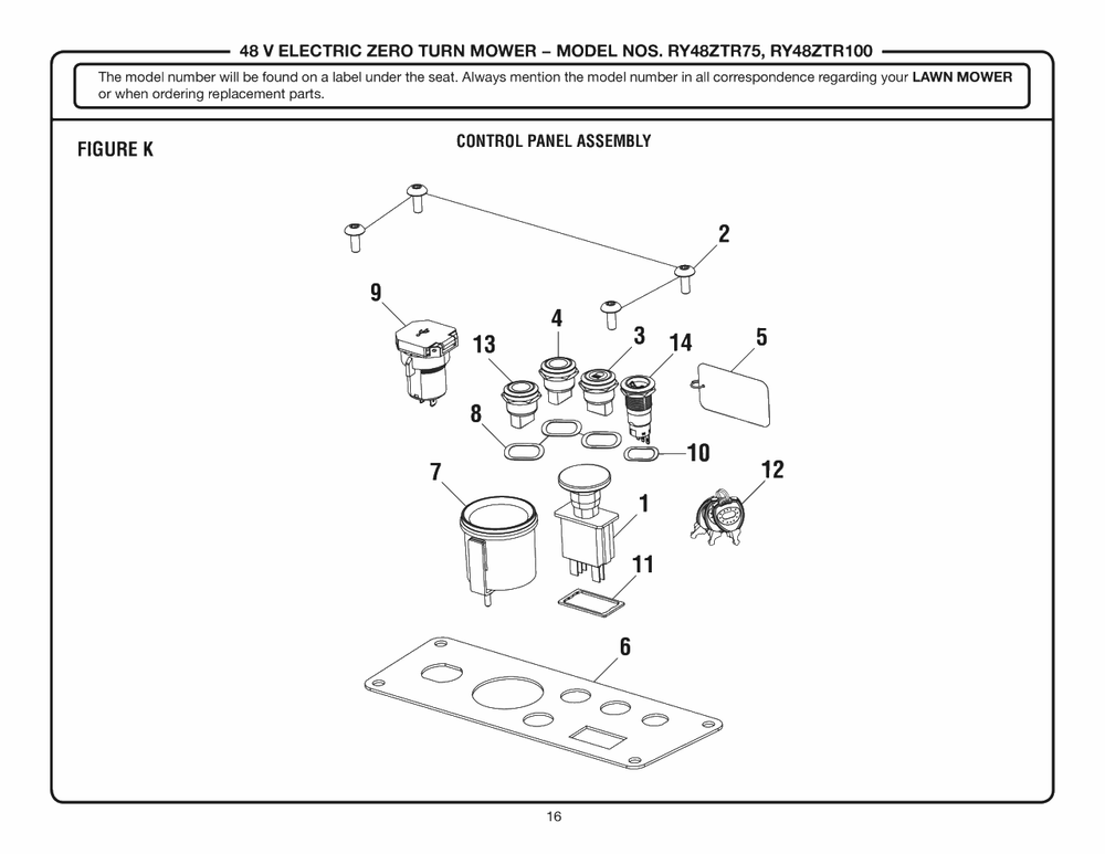 Figure K Diagram and Parts List for RY 48ZTR100 (Rev 02)(099749016)(2019-08) Ryobi Lawn Tractor