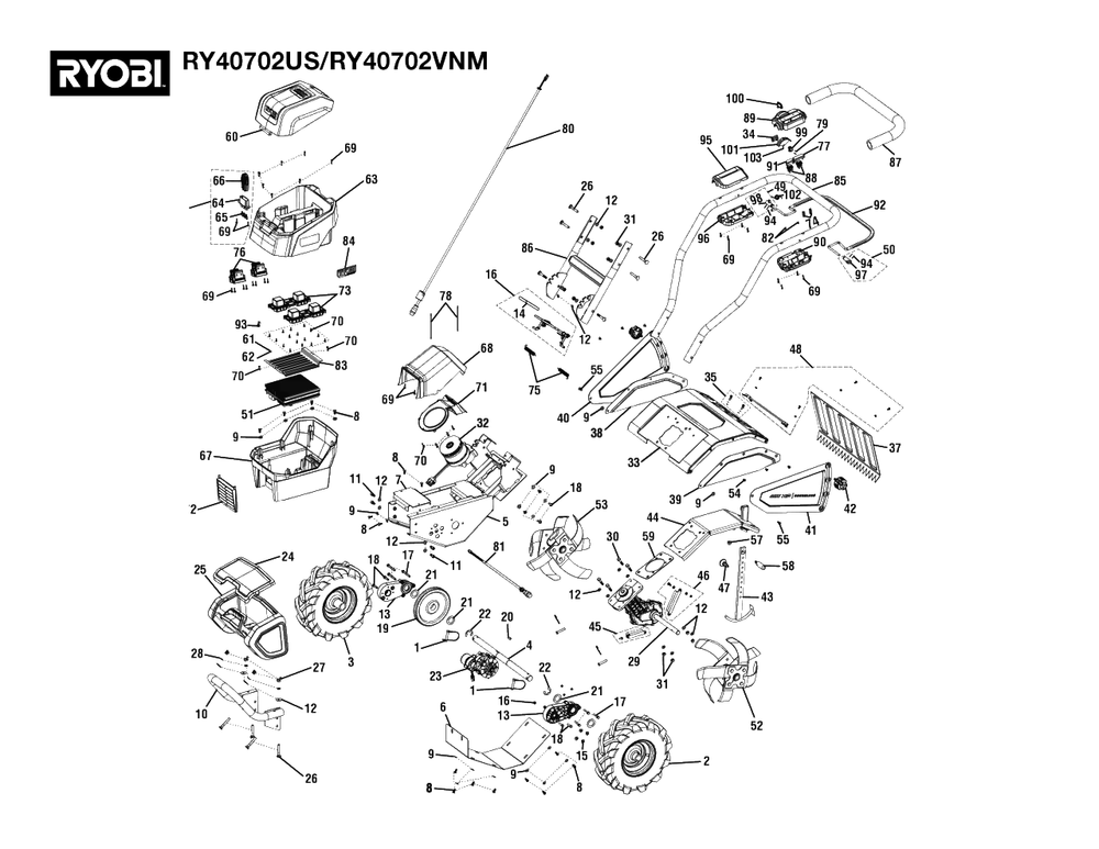 General Assembly Diagram and Parts List for RY 40702 US (Rev 01)(107738001)(2022-04) Ryobi Tiller