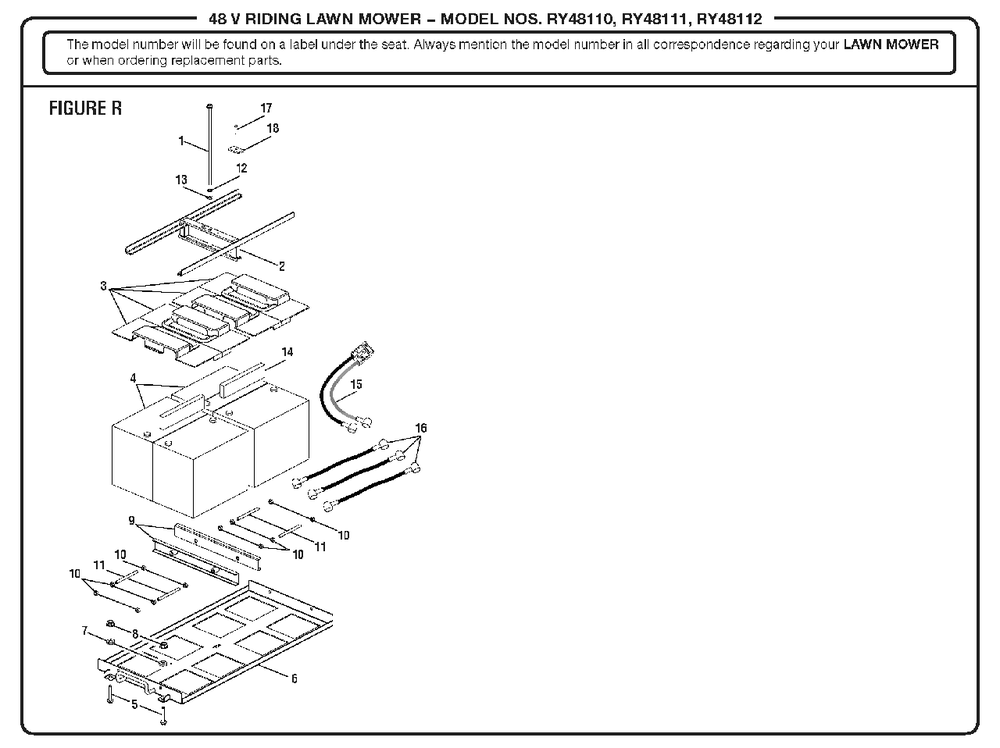 Figure R (Battery And Battery Tray Assembly) Diagram and Parts List for RY 48112 (Rev 01)(099749011)(2018-02) Ryobi Lawn Tractor
