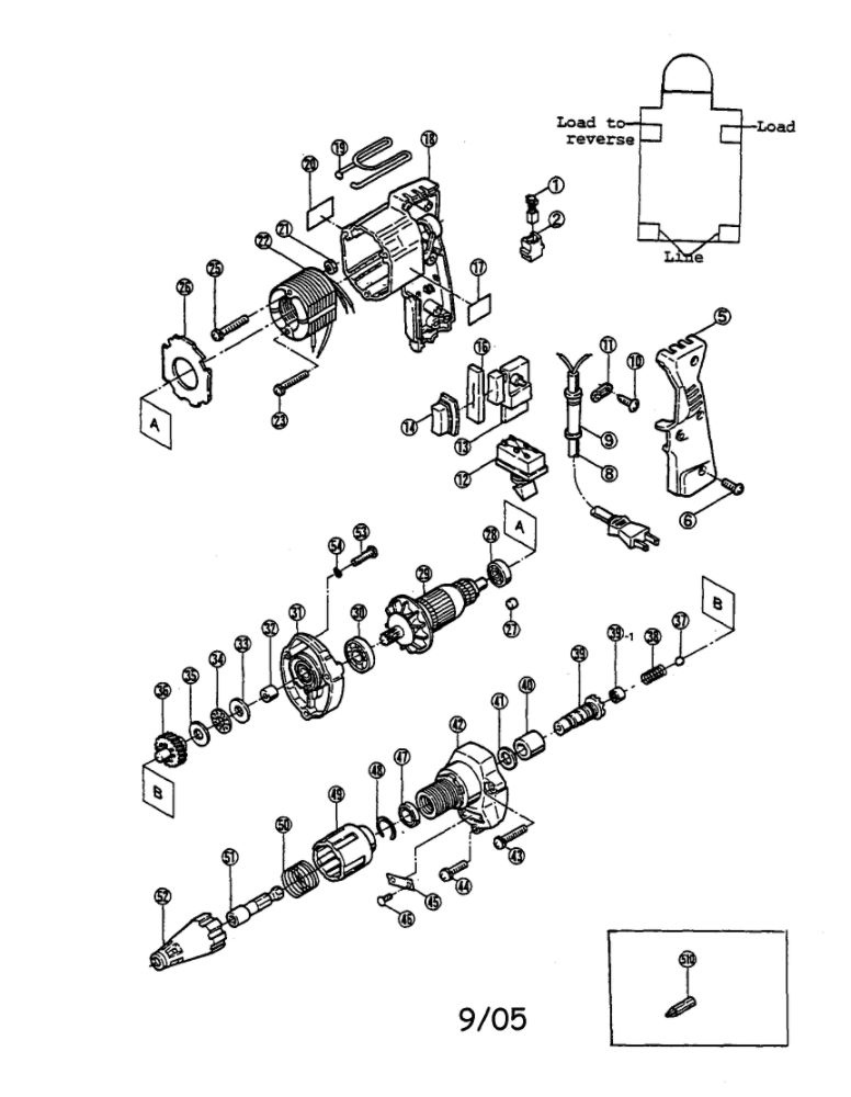Screw Driver Assembly Diagram and Parts List for E-3800S  Ryobi Screwdriver