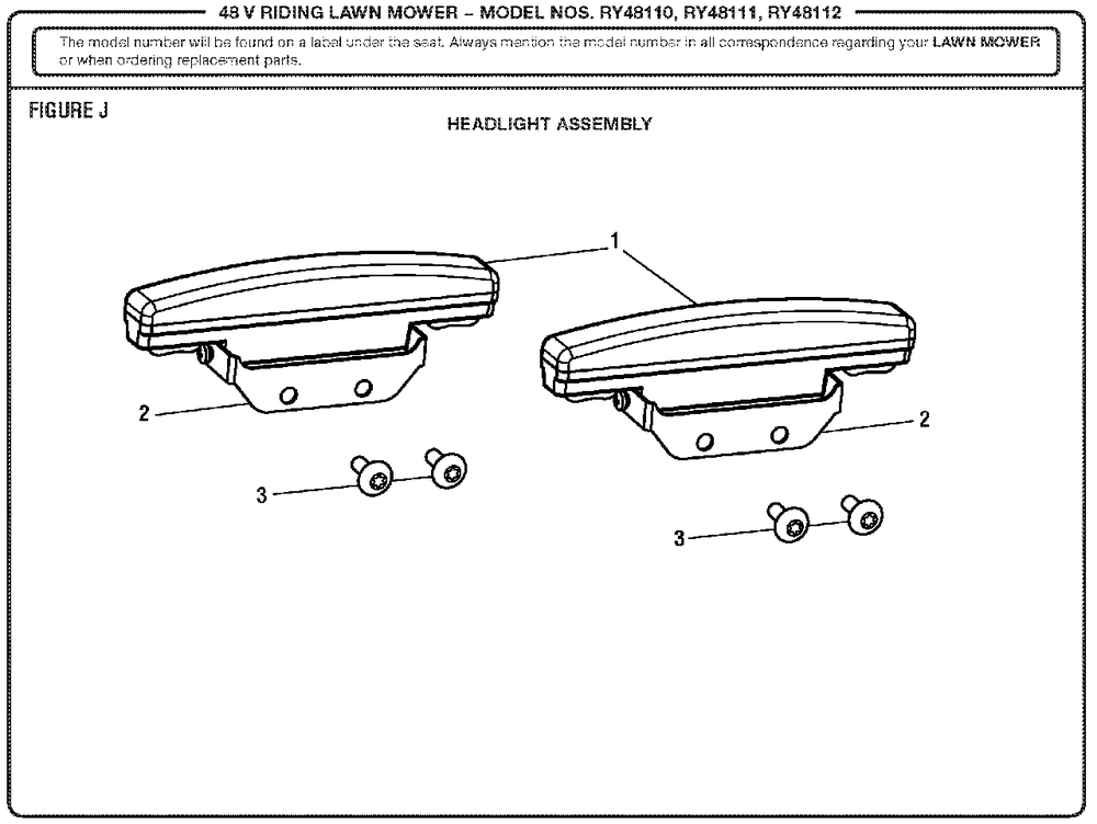 Figure J (Headlight Assembly) Diagram and Parts List for RY 48112 (Rev 01)(099749011)(2018-02) Ryobi Lawn Tractor