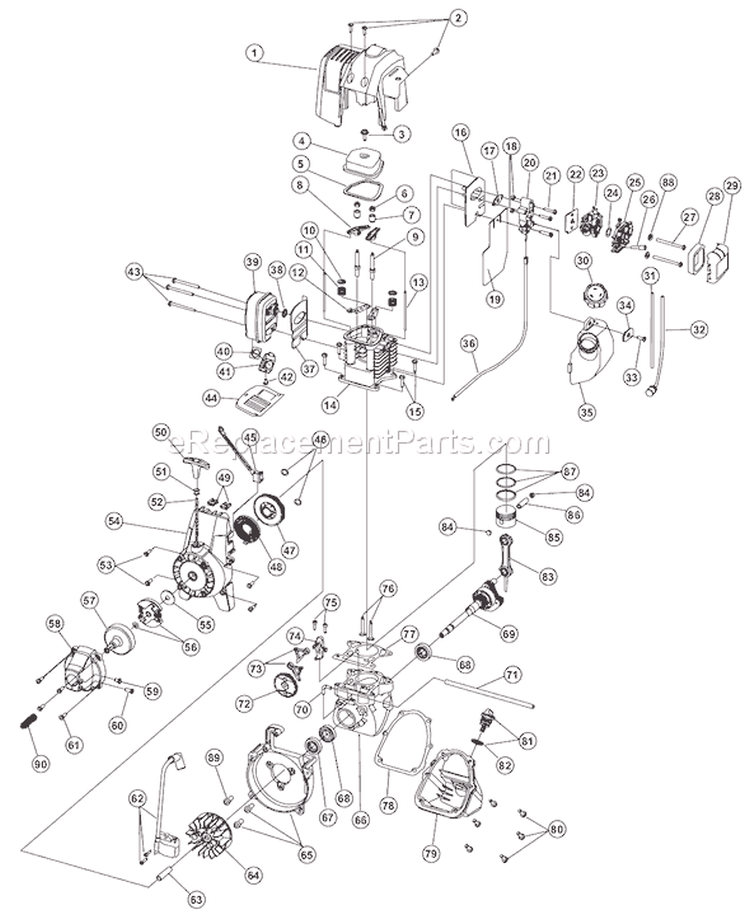 Engine Assembly Diagram and Parts List for 825RA 41CD825C038 Ryobi Trimmer