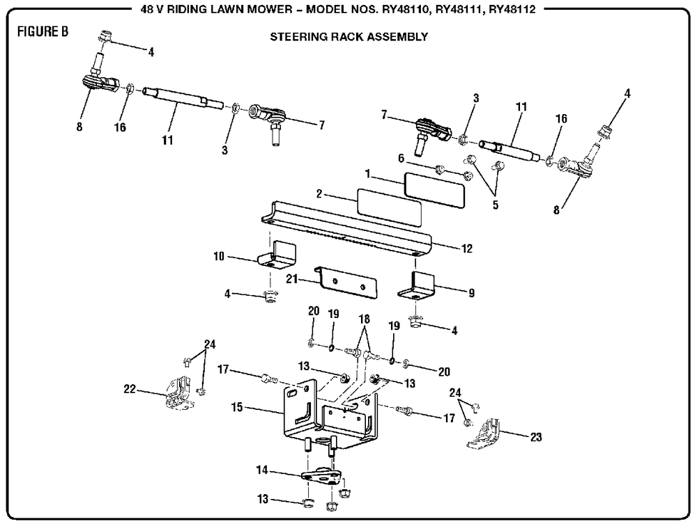 Figure B (Steering Rack Assembly) Diagram and Parts List for RY 48112 (Rev 01)(099749011)(2018-02) Ryobi Lawn Tractor