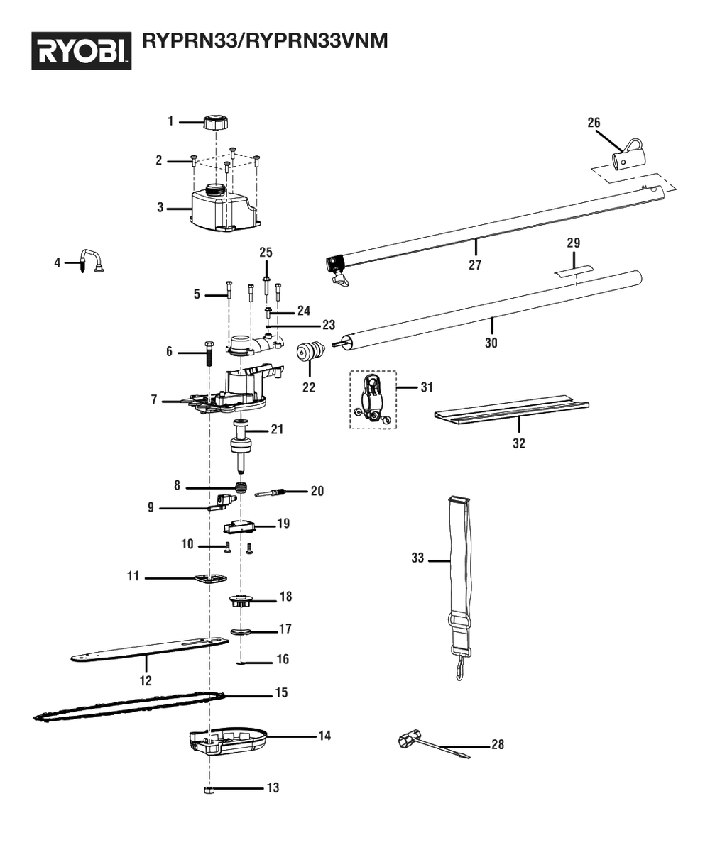 General Assembly Diagram and Parts List for RY PRN33 (Rev 03)(090112021)(2021-08) Ryobi Trimmer