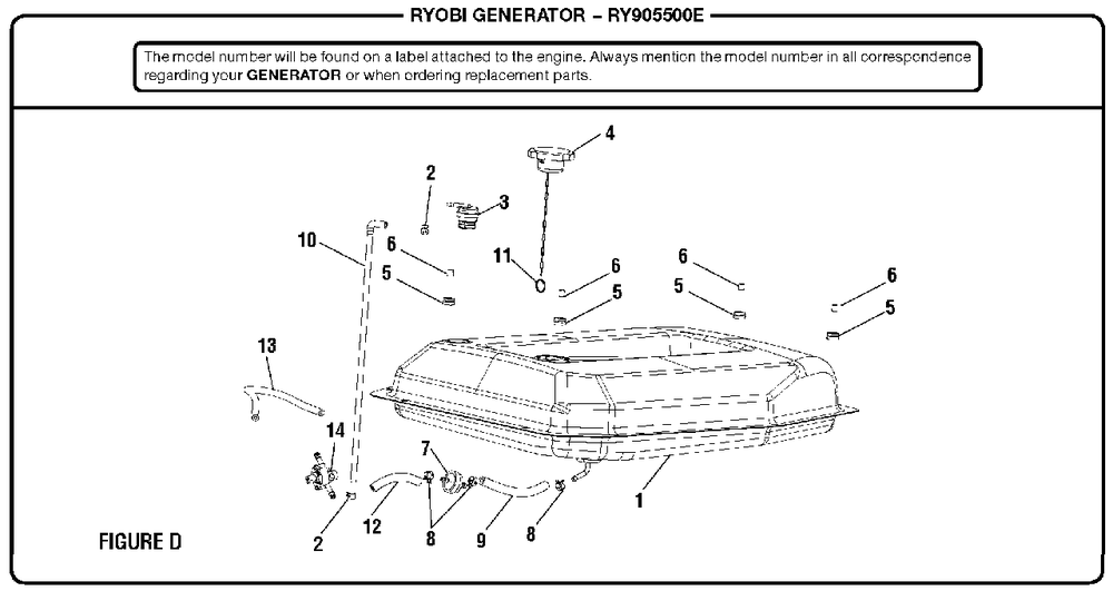 Figure D Diagram and Parts List for RY 905500 E (Rev 07)(090930279)(2019-10) Ryobi Generator