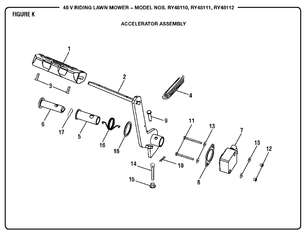 Figure K (Accelerator Assembly) Diagram and Parts List for RY 48112 (Rev 01)(099749011)(2018-02) Ryobi Lawn Tractor