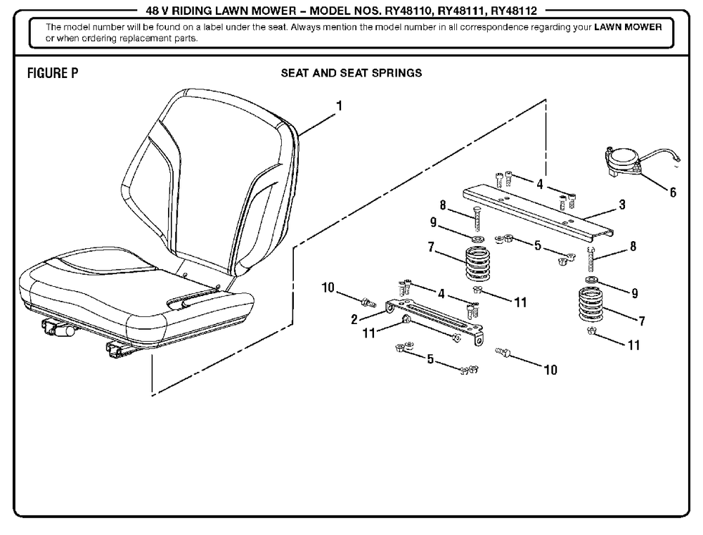 Figure P (Seat And Seat Springs) Diagram and Parts List for RY 48112 (Rev 01)(099749011)(2018-02) Ryobi Lawn Tractor