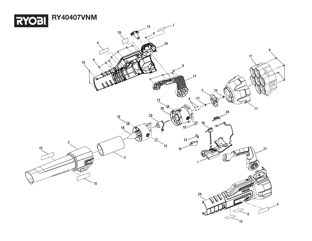 General Assembly Diagram and Parts List for RY 40407 VNM (Rev 02)(107000002)(2022-01) Ryobi Leaf Blower / Vacuum