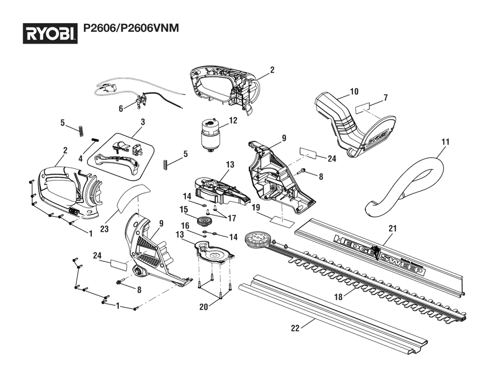 General Assembly Diagram and Parts List for P 2606 (Rev 04)(107266001)(2022-03) Ryobi Hedge Trimmer