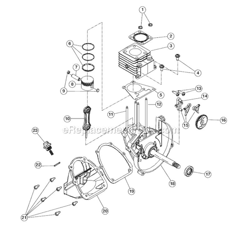 Crankcase, Piston and Cylinder Diagram and Parts List for 975R 611000001 Ryobi Trimmer