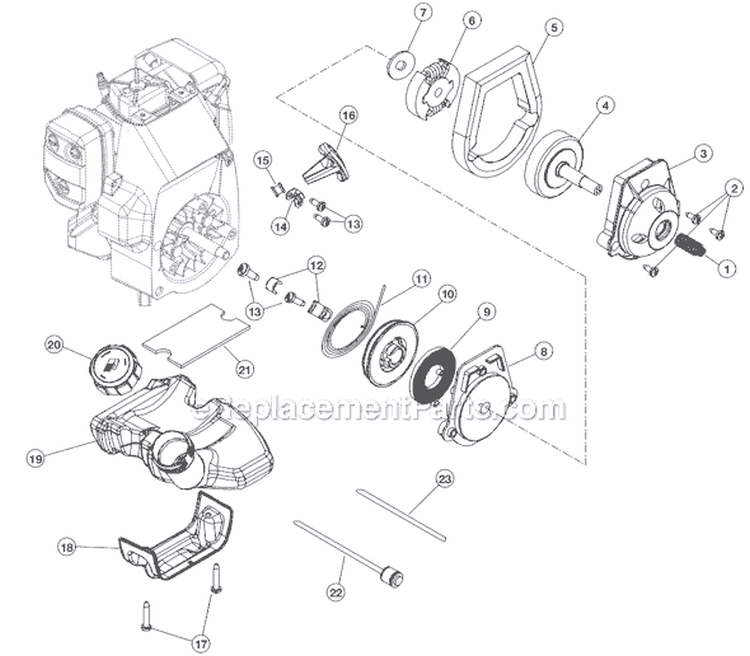 Clutch, Starter and Fuel Tank Diagram and Parts List for 975R 611000001 Ryobi Trimmer