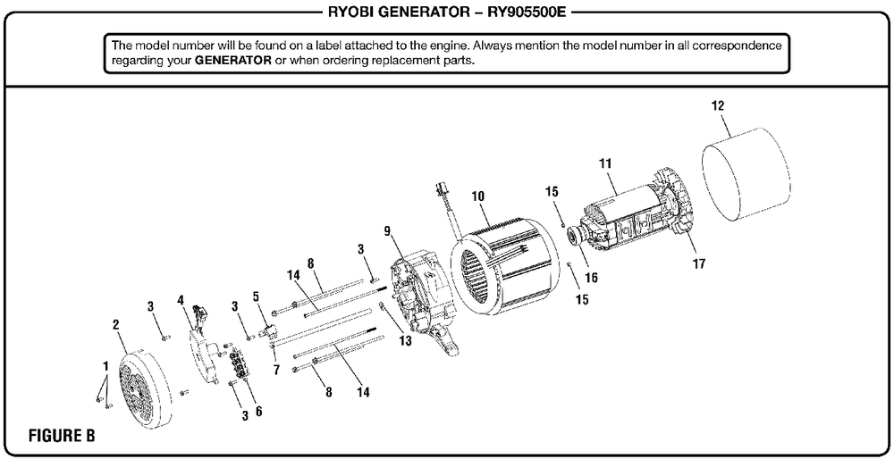 Figure B Diagram and Parts List for RY 905500 E (Rev 10)(090930279)(2019-03) Ryobi Generator