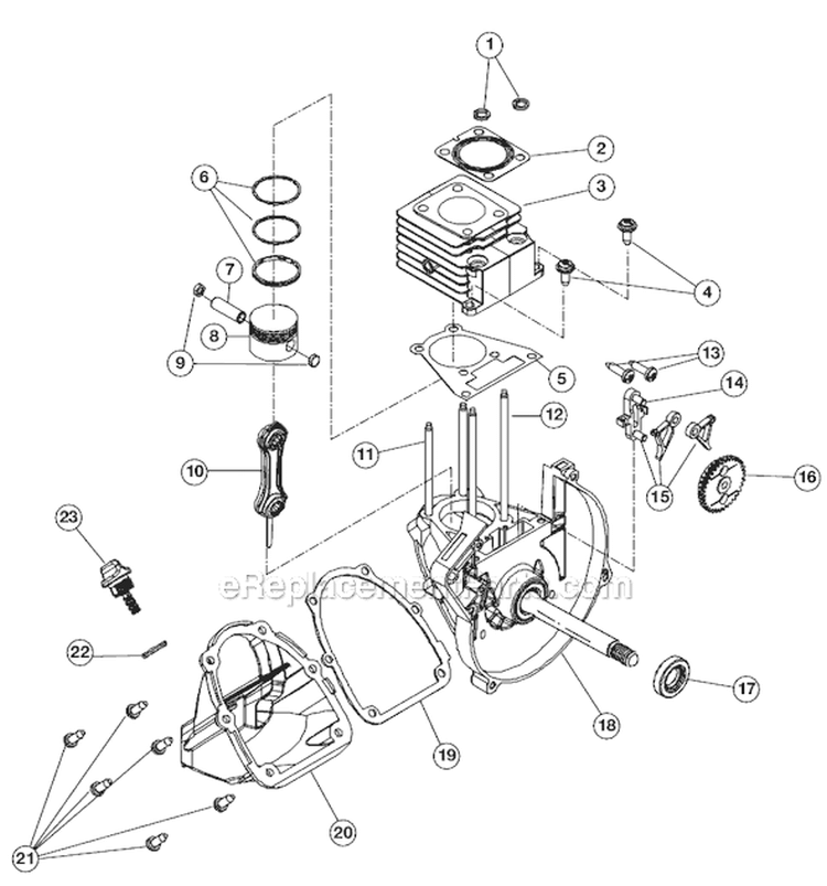 Crankcase and Cylinder Diagram and Parts List for 990R 611000001 Ryobi Trimmer
