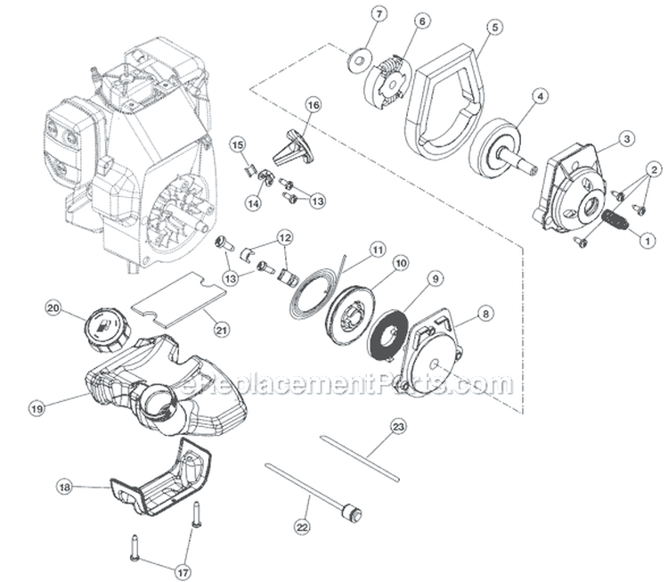 Clutch, Starter and Fuel Tank Diagram and Parts List for 990R 611000001 Ryobi Trimmer