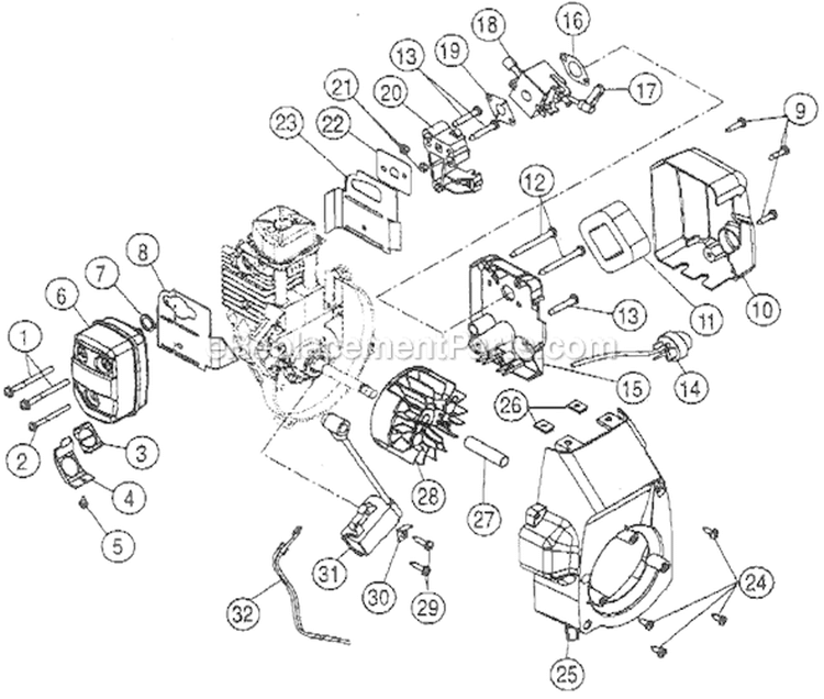Engine Assembly Diagram and Parts List for 990R 411088141 Ryobi Trimmer