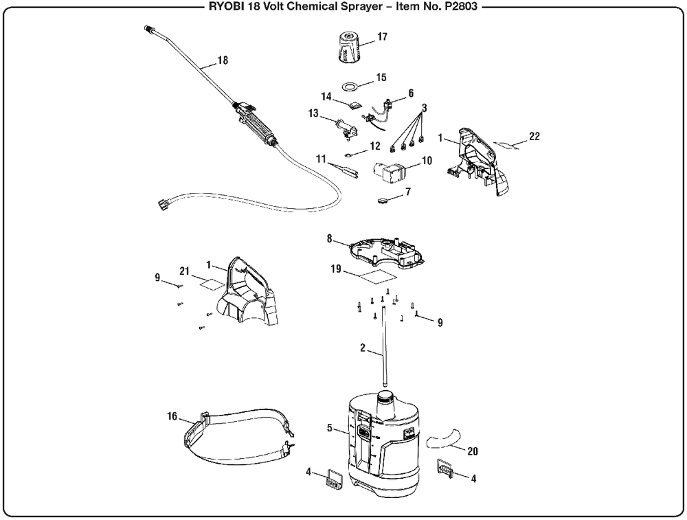 General Assembly Diagram and Parts List for P 2803 (Rev 03)(107270002)(2019-03) Ryobi Sprayer