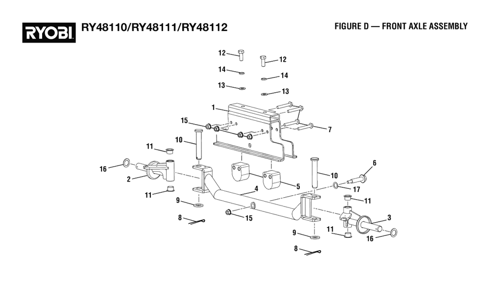 Figure D - Front Axle Assembly Diagram and Parts List for RY 48111 (Rev 02)(099749010)(2021-05) Ryobi Lawn Tractor
