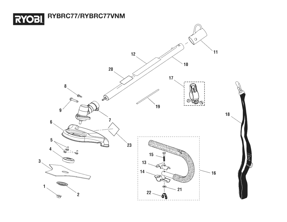 General Assembly Diagram and Parts List for RY BRC77 (Rev 04)(090109015)(2021-08) Ryobi Leaf Blower / Vacuum
