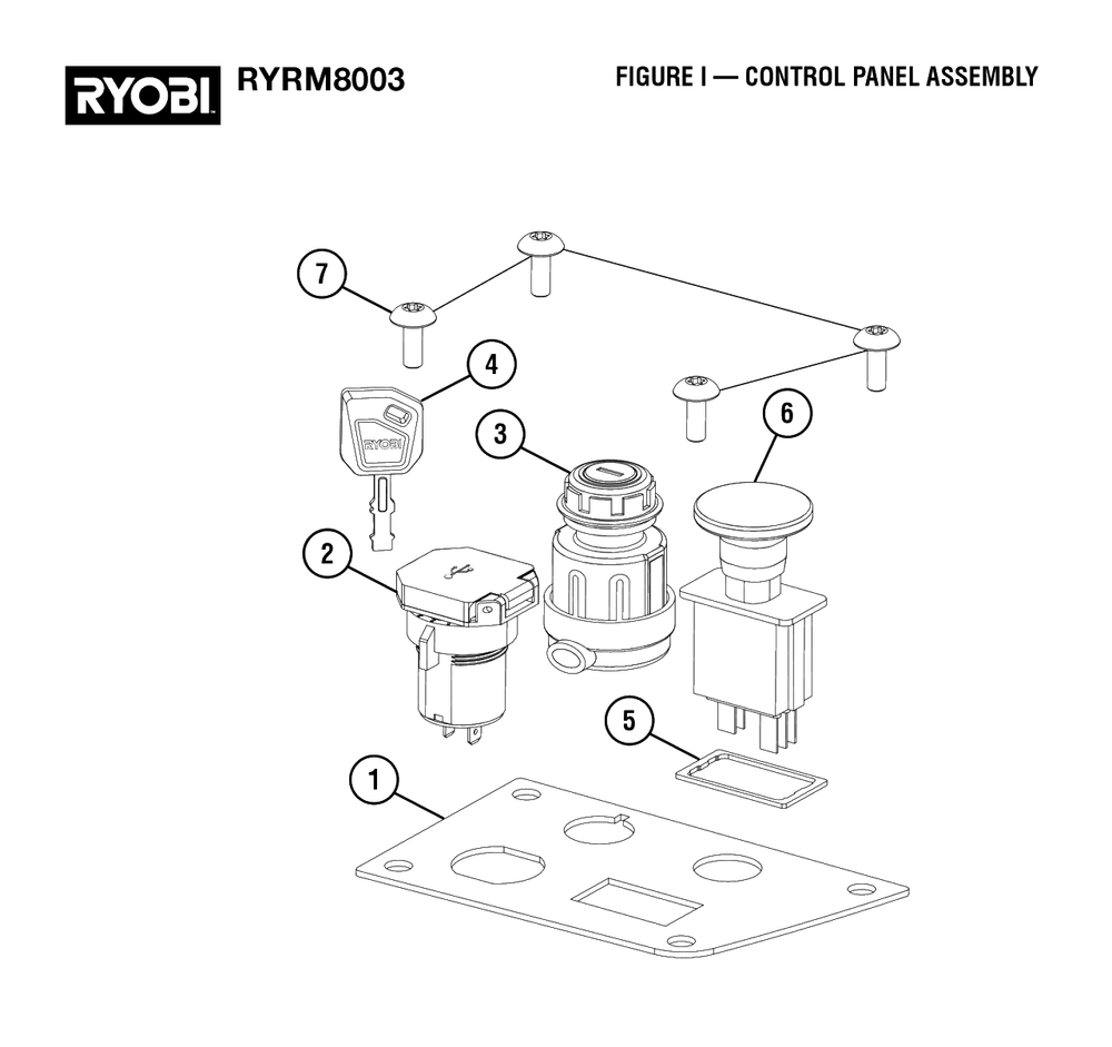Figure I - Control Panel Assembly Diagram and Parts List for RY RM8003 (Rev 01)(099263002)(2022-08) Ryobi Lawn Tractor