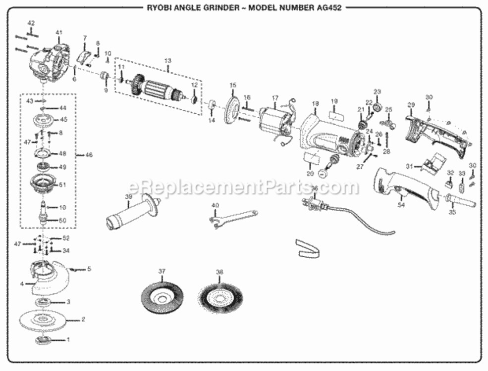 Page A Diagram and Parts List for AG452  Ryobi Angle Grinder
