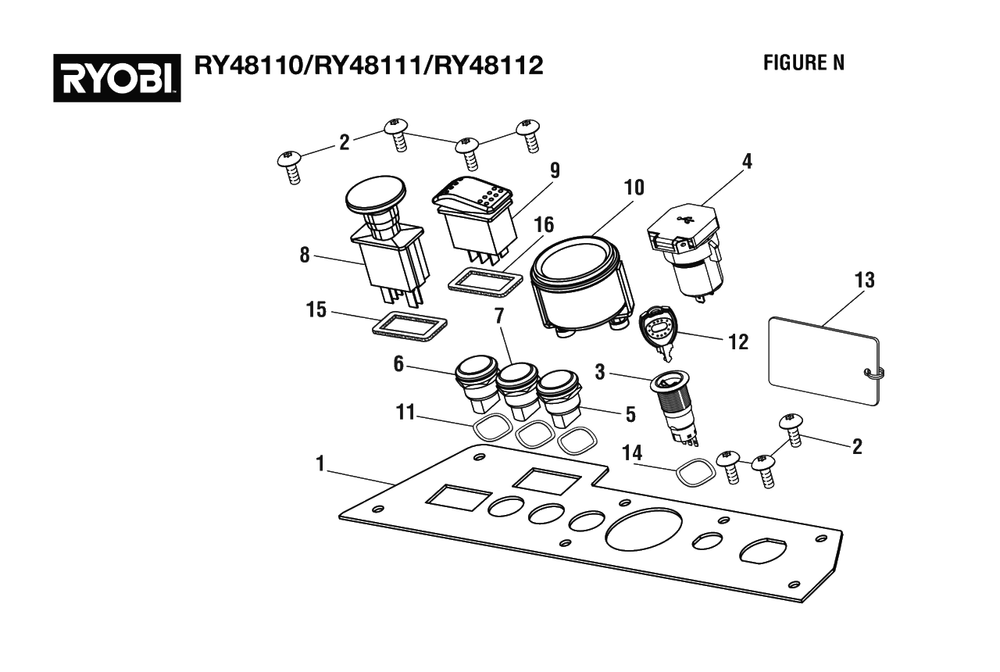 Figure N - Control Panel Assembly Diagram and Parts List for RY 48110 (Rev 05)(099749001)(2021-05) Ryobi Lawn Tractor