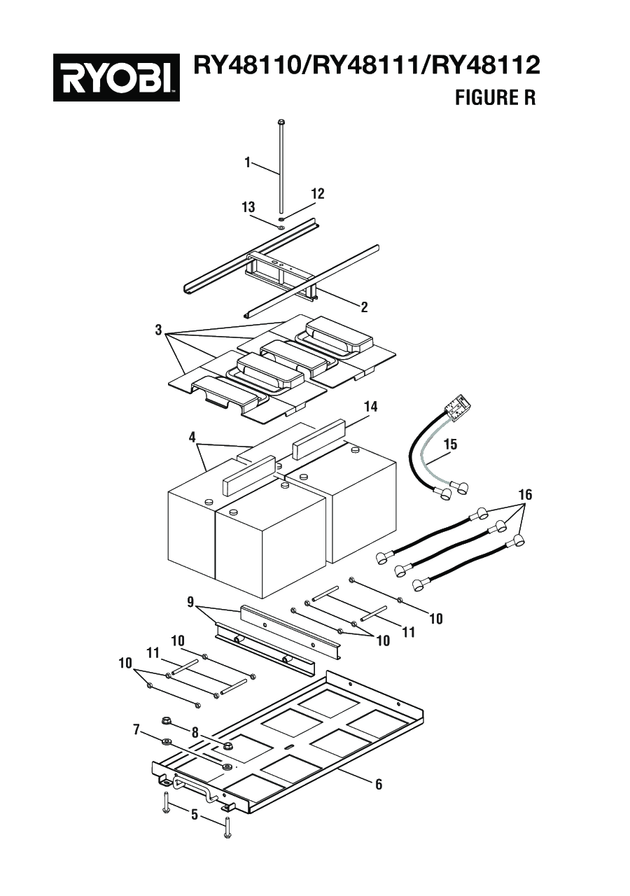 Figure R - Battery And Battery Tray Assembly Diagram and Parts List for RY 48110 (Rev 05)(099749001)(2021-05) Ryobi Lawn Tractor