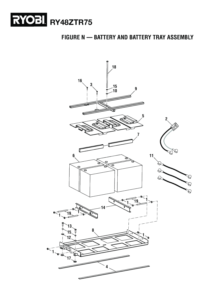 Figure N - Battery And Battery Tray Assembly Diagram and Parts List for RY 48ZTR75 (Rev 03)(099749015)(2021-04) Ryobi Lawn Tractor
