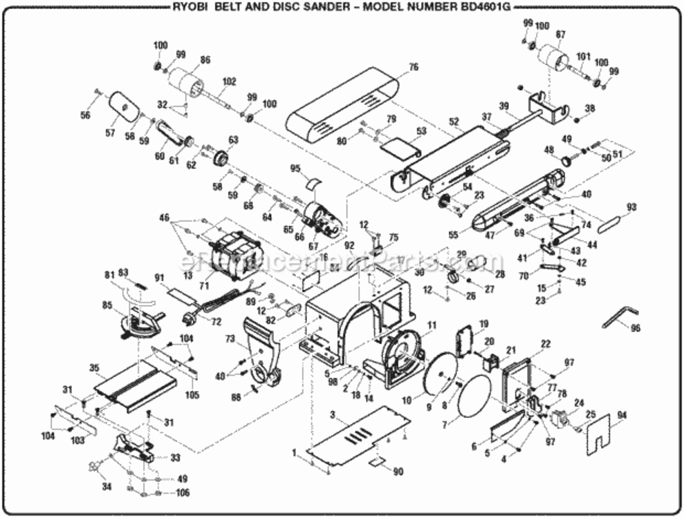 General_Assembly Diagram and Parts List for BD4601G  Ryobi Belt or Drum Sander