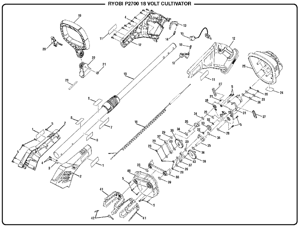 General Assembly Diagram and Parts List for P 2700 (Rev 03)(2016-12) Ryobi Cultivator