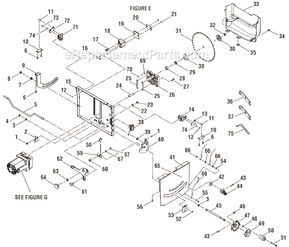 Page E Diagram and Parts List for BTS20R-1  Ryobi Table Saw